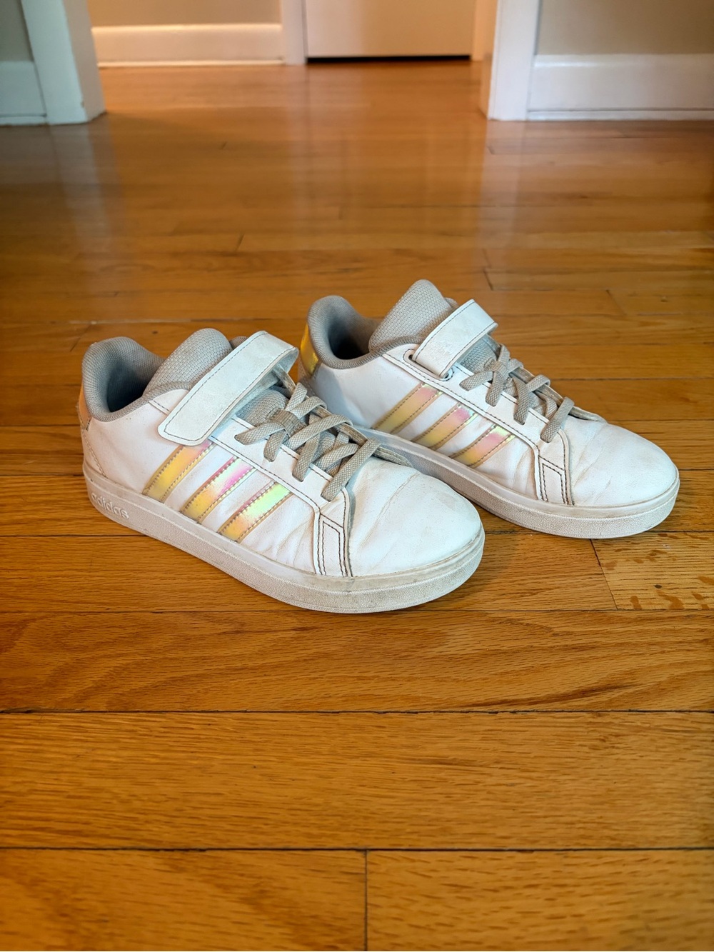 adidas Kids White Sneakers with Iridescent Pastel Stripes
